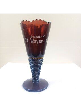 Vintage Fort Wayne Indiana Souvenir Goblet Amethyst Glass Vase Scalloped Rim